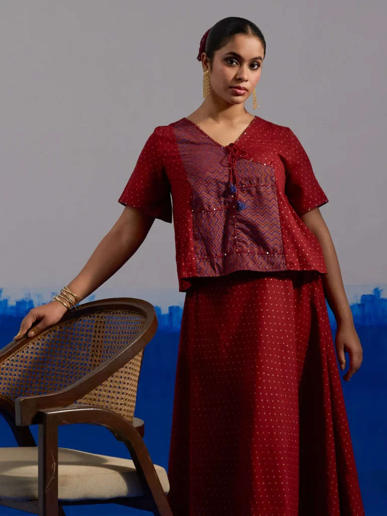 RA Studio Maroon Block Print Top with Contrast Zig-Zag patchwork Panel and Tie-Up Detail