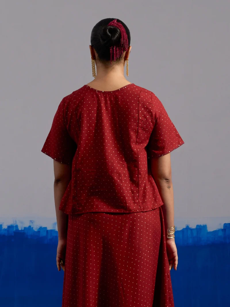 RA Studio Maroon Block Print Top with Contrast Zig-Zag patchwork Panel and Tie-Up Detail