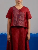 RA Studio Maroon Block Print Top with Contrast Zig-Zag patchwork Panel and Tie-Up Detail