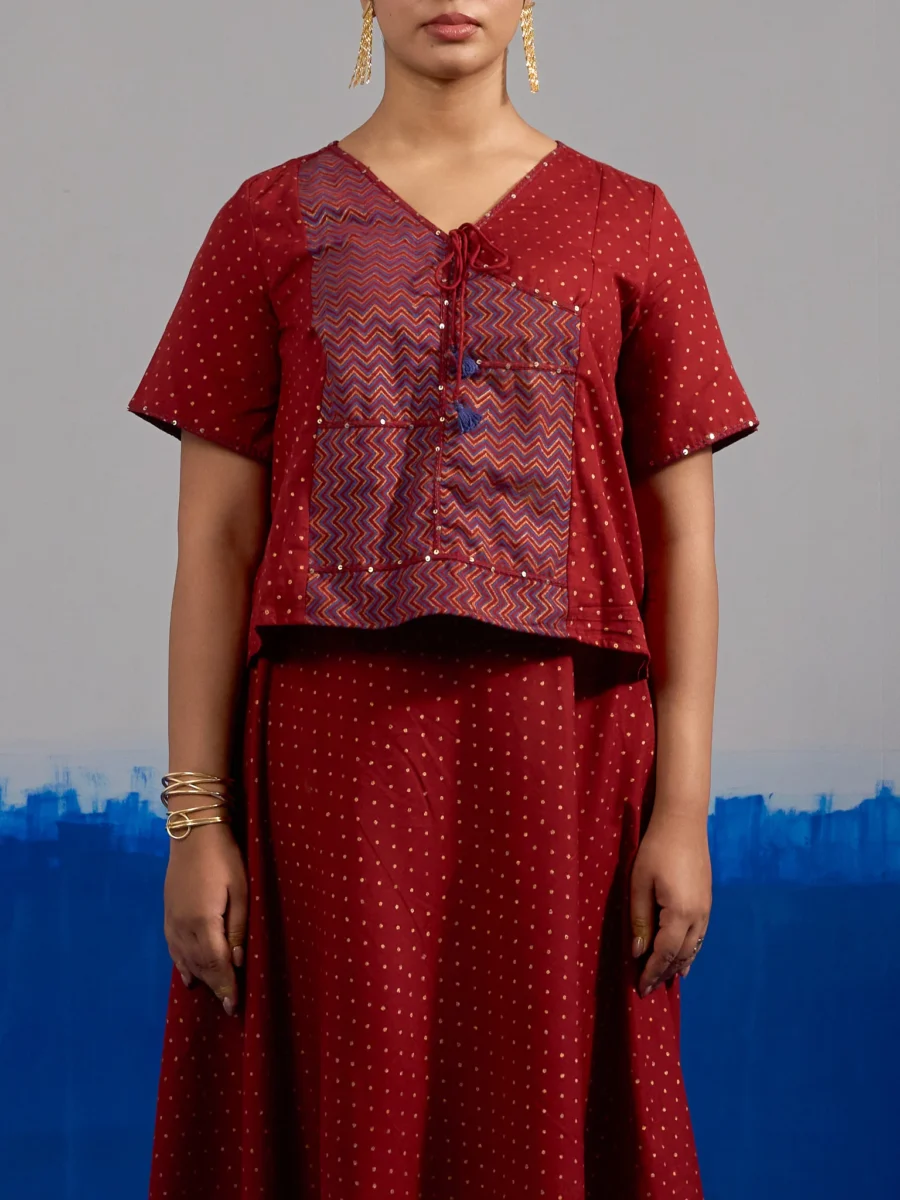 RA Studio Maroon Block Print Top with Contrast Zig-Zag patchwork Panel and Tie-Up Detail