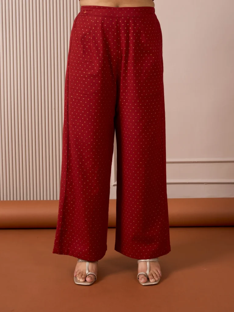RA Studio Red Flared Pants with Gold Dot Block Print Detailing