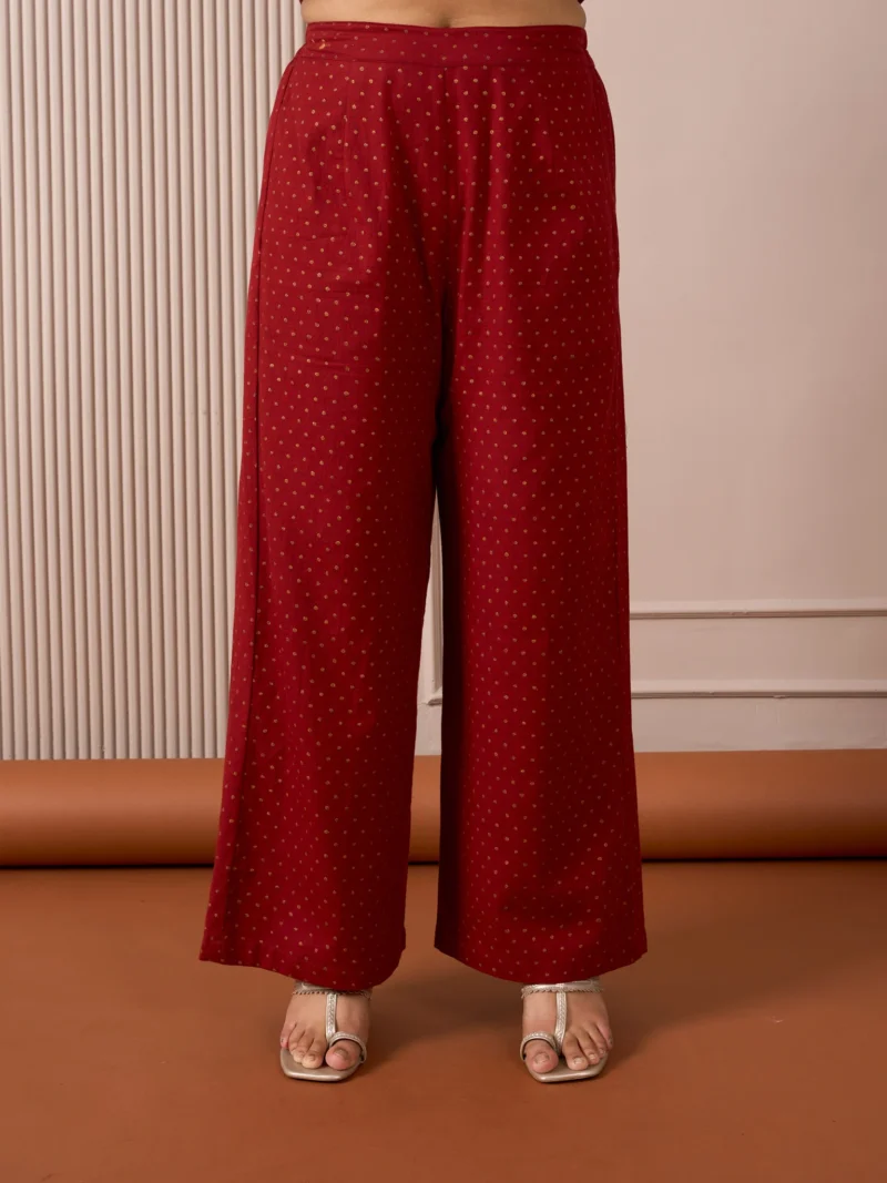RA Studio Red Flared Pants with Gold Dot Block Print Detailing