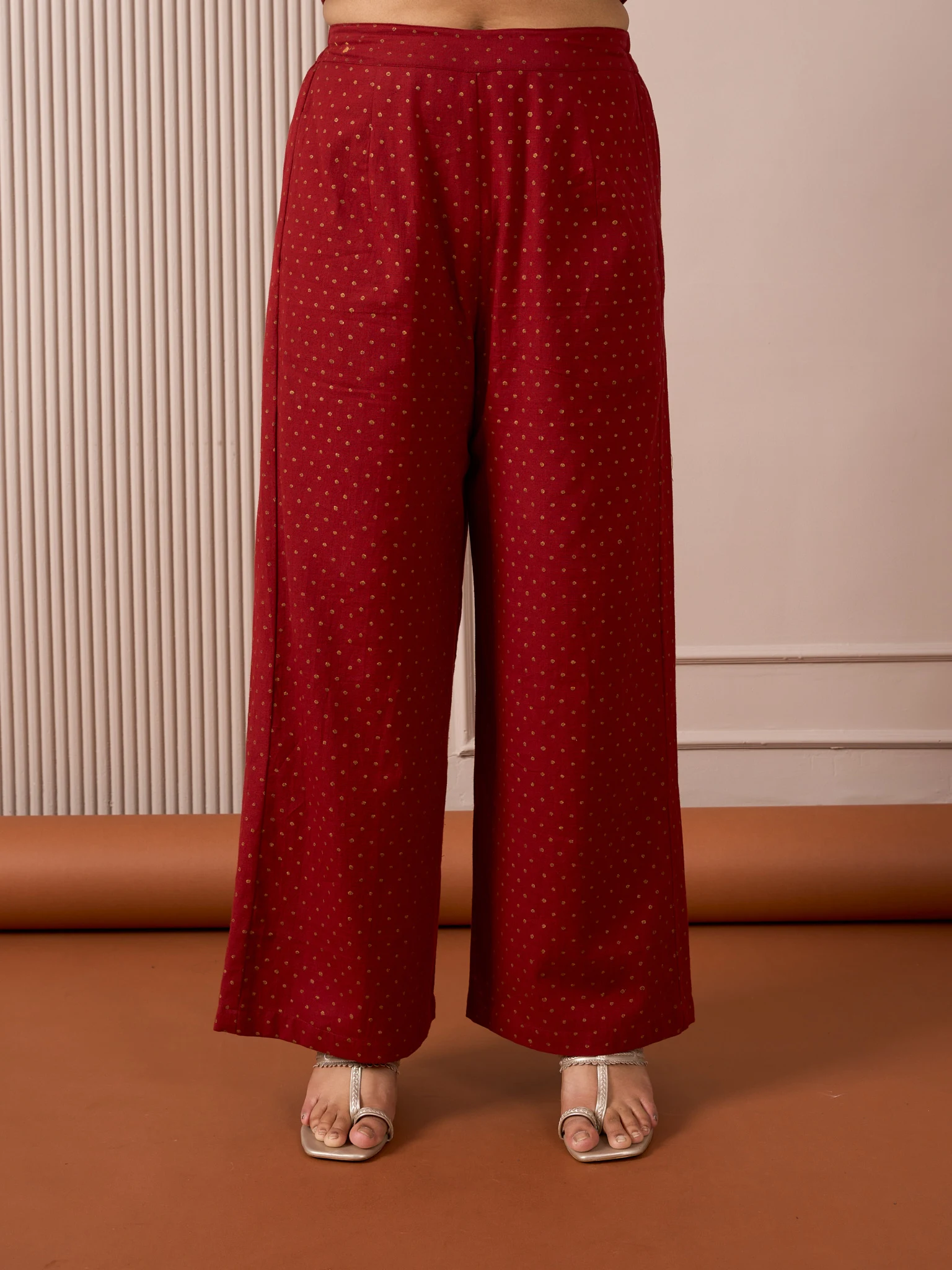 RA Studio Red Flared Pants with Gold Dot Block Print Detailing