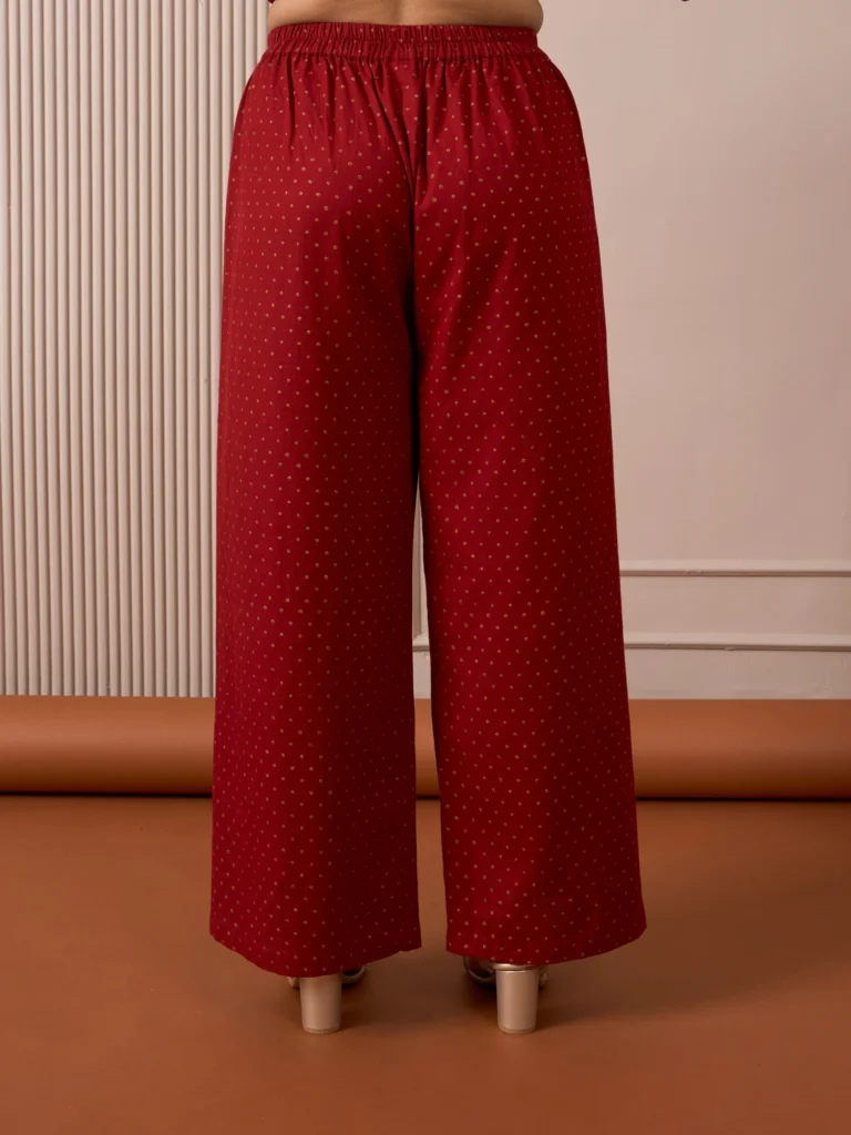 RA Studio Red Flared Pants with Gold Dot Block Print Detailing
