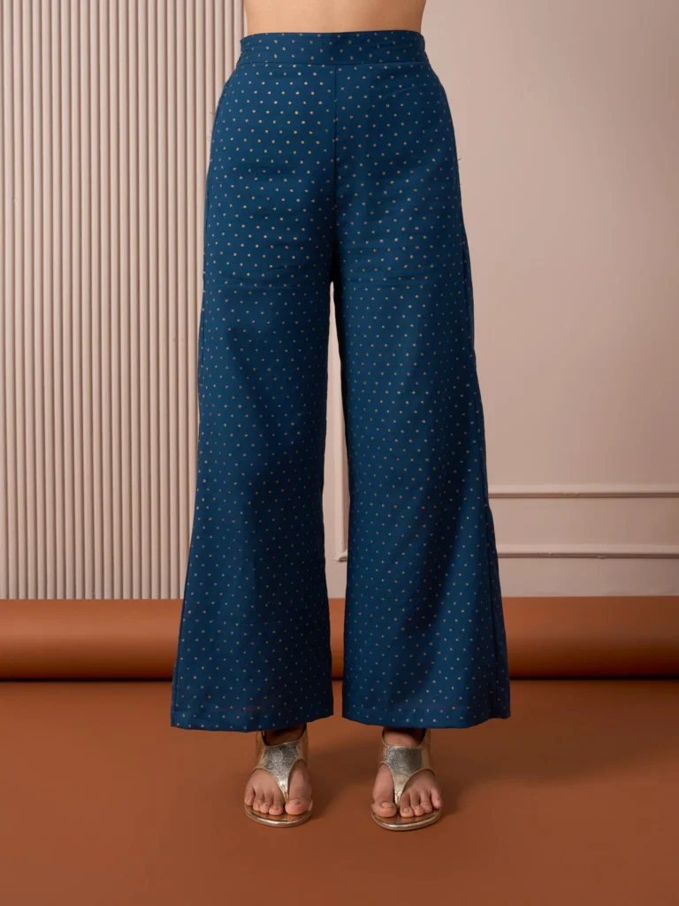 RA Studio Blue Flared Pants with Gold Dot Block Print Detailing
