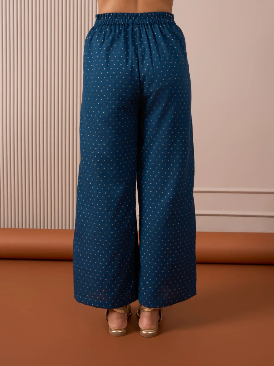 RA Studio Blue Flared Pants with Gold Dot Block Print Detailing