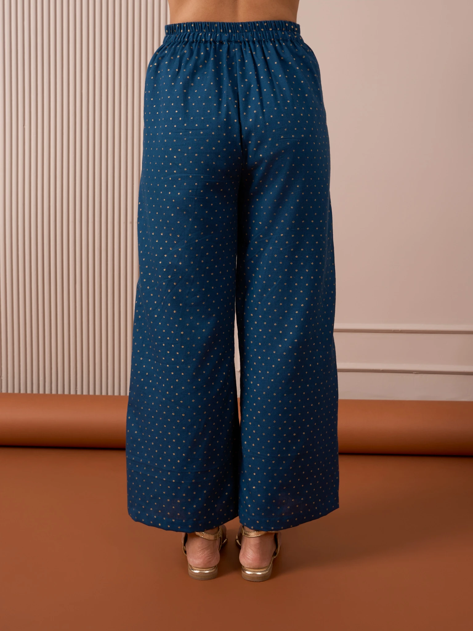 RA Studio Blue Flared Pants with Gold Dot Block Print Detailing