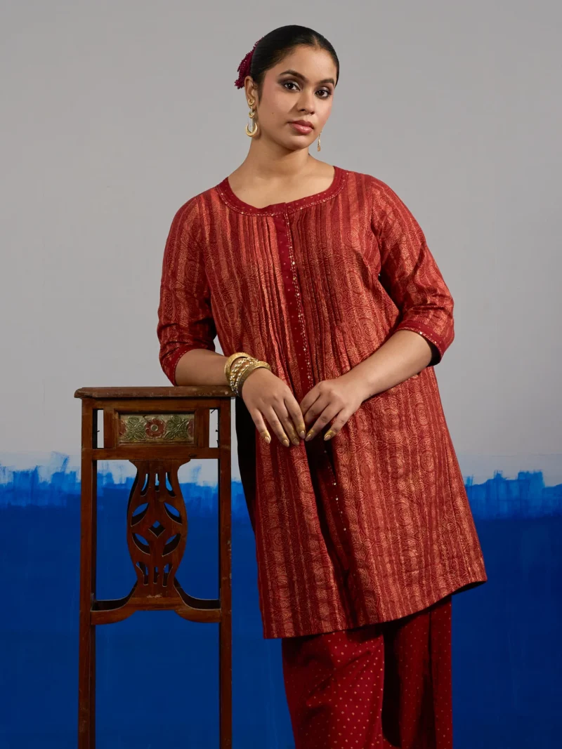 RA Studio Red Pleated Front Open Kurta in Gold Block Print
