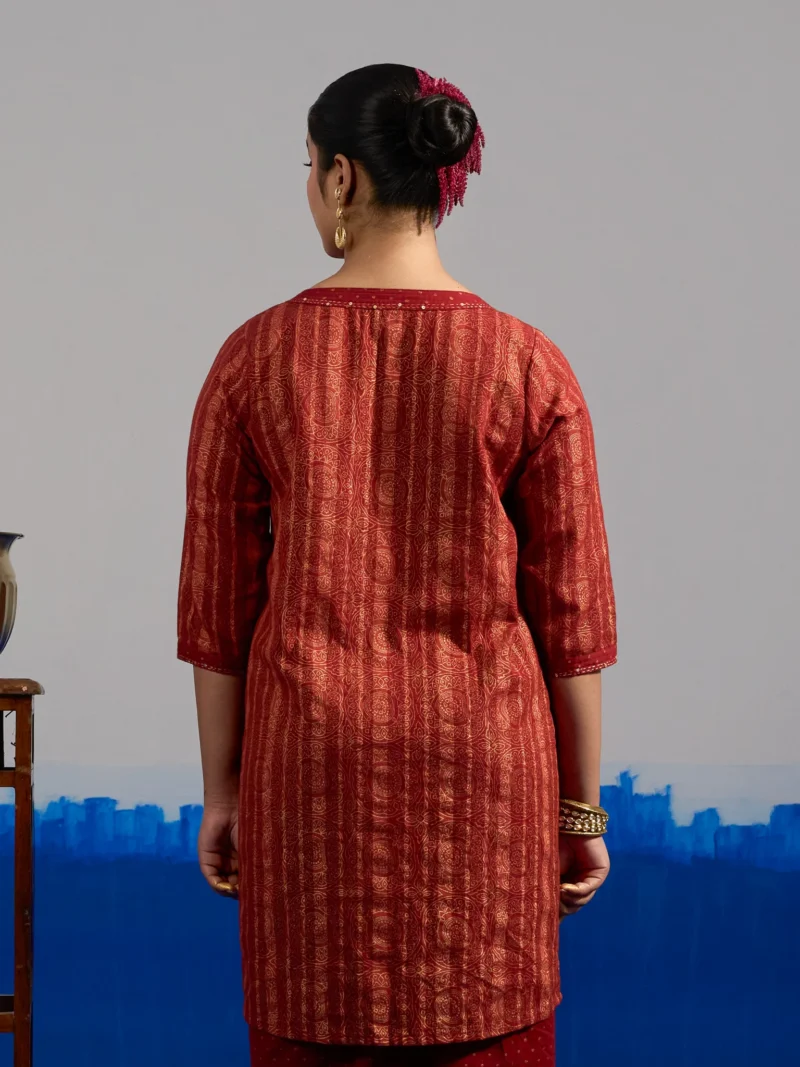 RA Studio Red Pleated Front Open Kurta in Gold Block Print