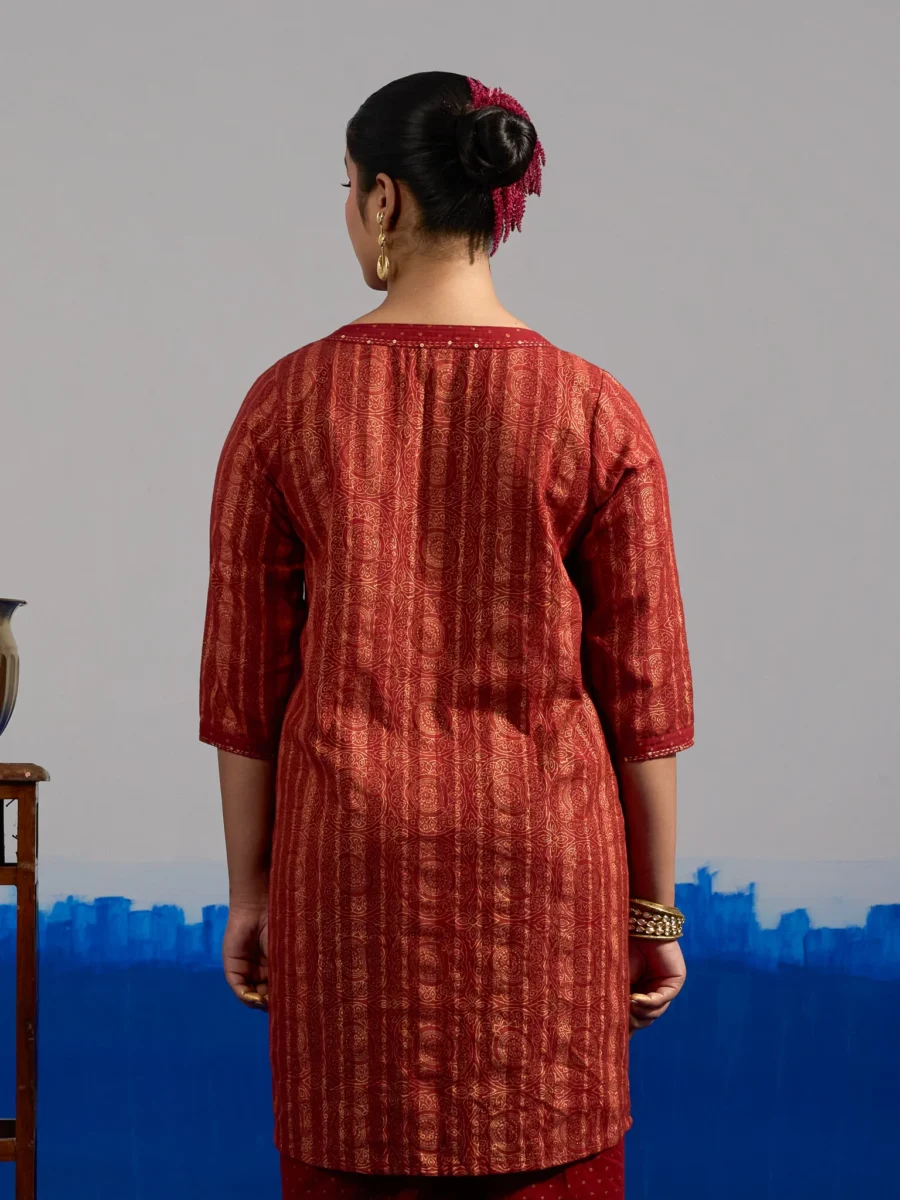 RA Studio Red Pleated Front Open Kurta in Gold Block Print