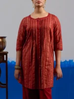 RA Studio Red Pleated Front Open Kurta in Gold Block Print