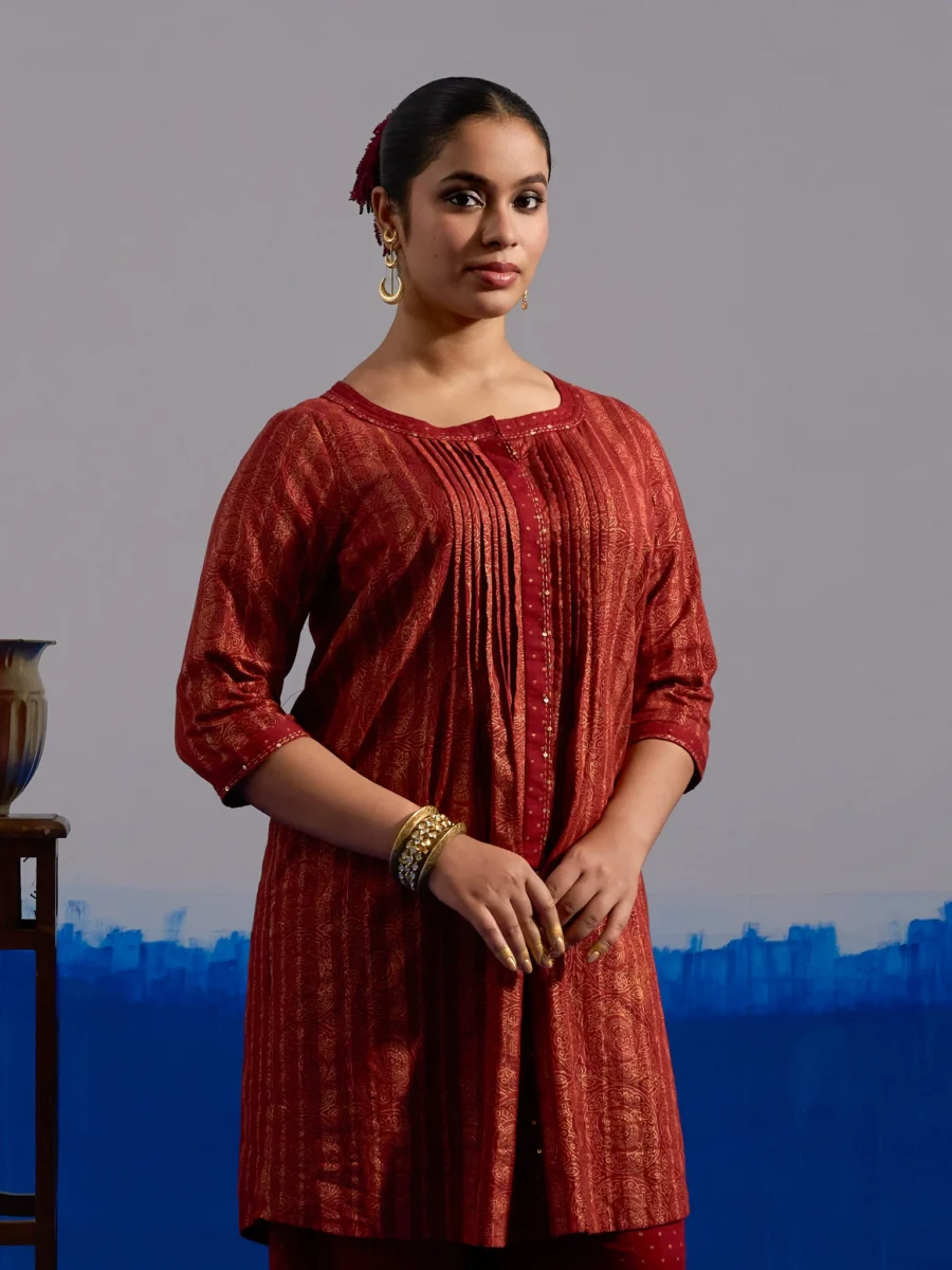 RA Studio Red Pleated Front Open Kurta in Gold Block Print
