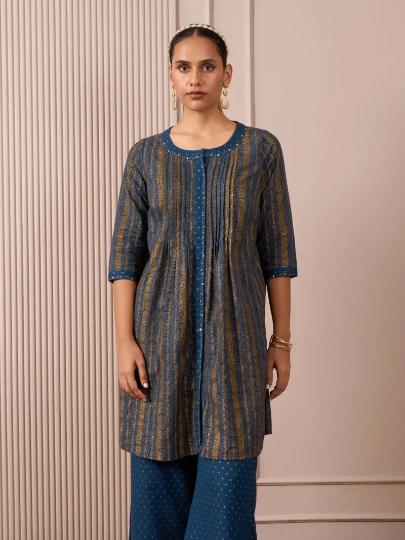 RA Studio Blue Pleated Front Open Kurta in Gold Block Print