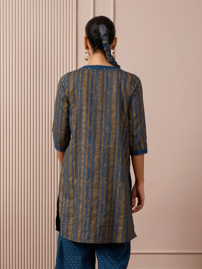 RA Studio Blue Pleated Front Open Kurta in Gold Block Print