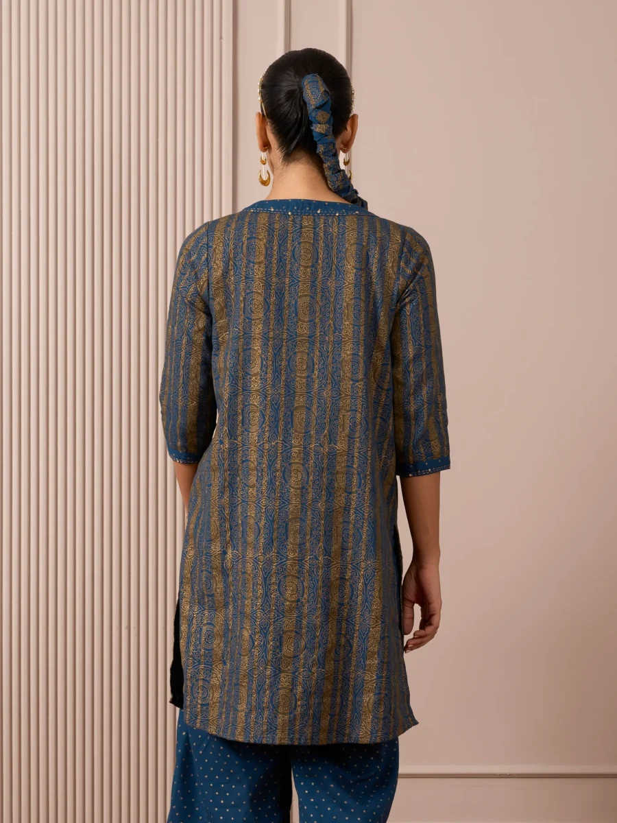 RA Studio Blue Pleated Front Open Kurta in Gold Block Print