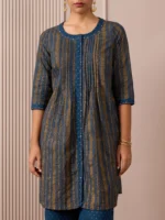 RA Studio Blue Pleated Front Open Kurta in Gold Block Print