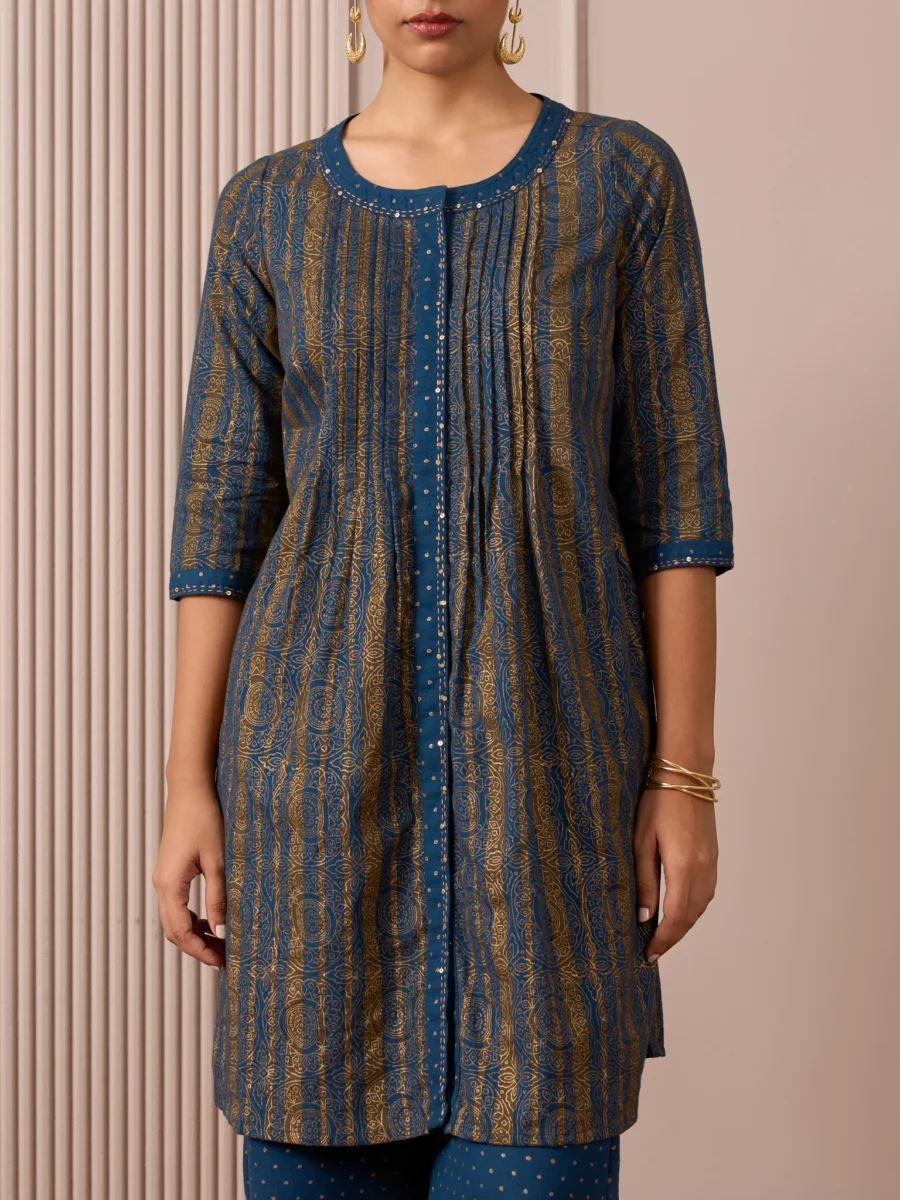 RA Studio Blue Pleated Front Open Kurta in Gold Block Print