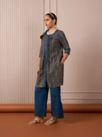 RA Studio Blue Pleated Front Open Kurta in Gold Block Print