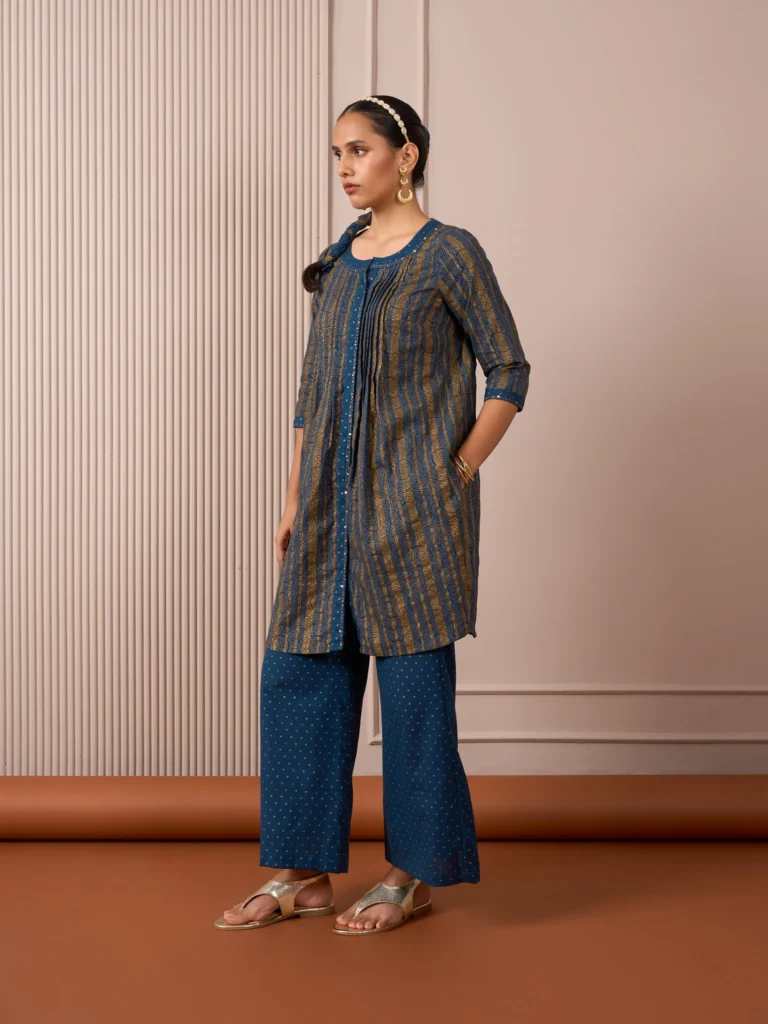 RA Studio Blue Pleated Front Open Kurta in Gold Block Print