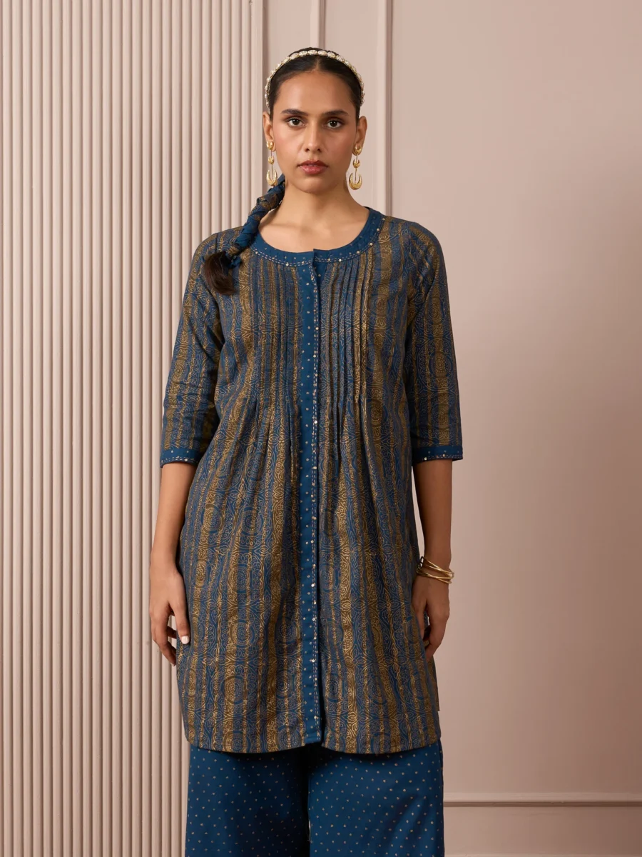 RA Studio Blue Pleated Front Open Kurta in Gold Block Print