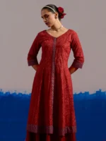 RA Studio Maroon Chintz Block Print Flared Dress with Zig-Zag Border Detailing and Contrast Cuffs