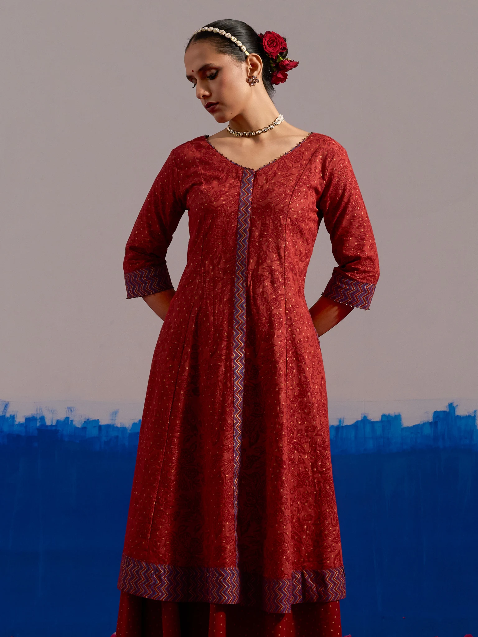 RA Studio Maroon Chintz Block Print Flared Dress with Zig-Zag Border Detailing and Contrast Cuffs