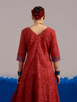 RA Studio Maroon Chintz Block Print Flared Dress with Zig-Zag Border Detailing and Contrast Cuffs