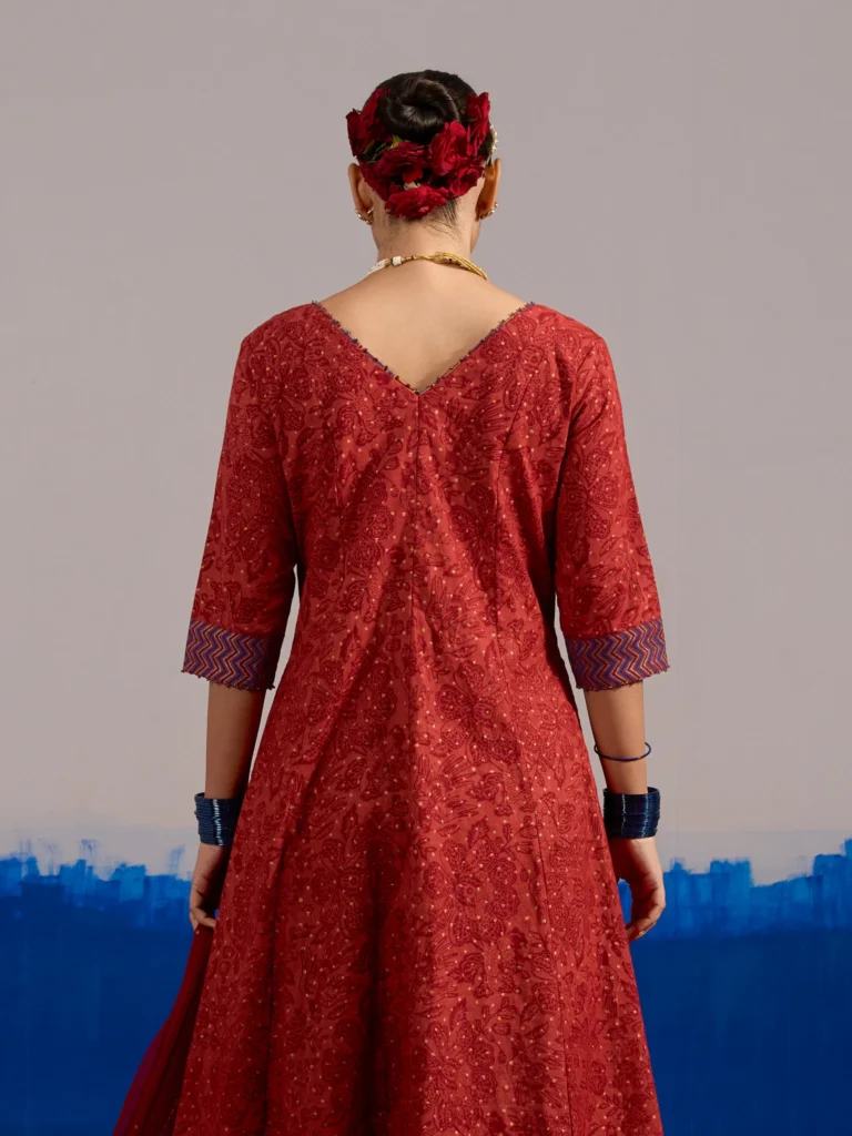 RA Studio Maroon Chintz Block Print Flared Dress with Zig-Zag Border Detailing and Contrast Cuffs