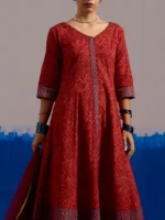 RA Studio Maroon Chintz Block Print Flared Dress with Zig-Zag Border Detailing and Contrast Cuffs