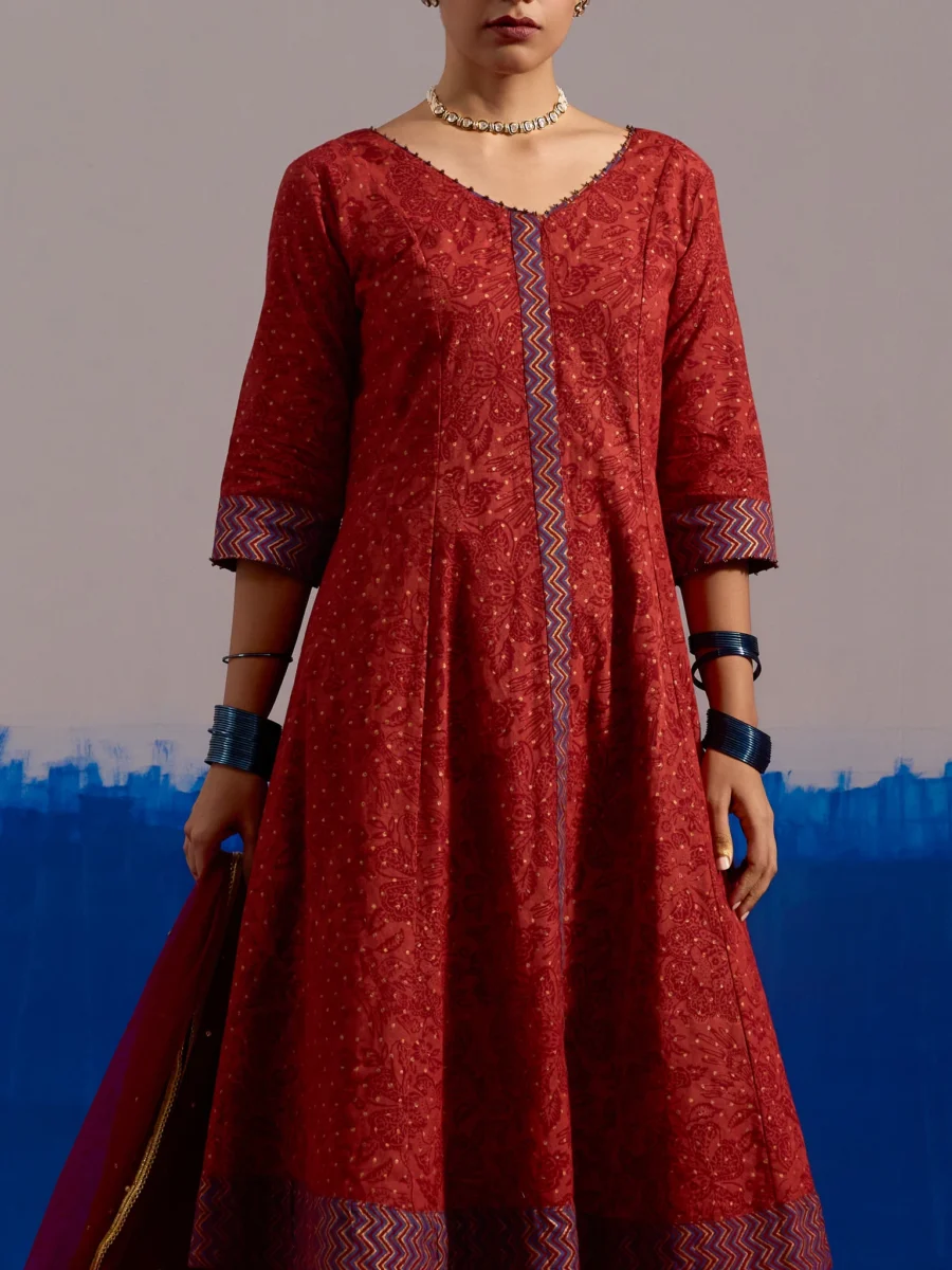 RA Studio Maroon Chintz Block Print Flared Dress with Zig-Zag Border Detailing and Contrast Cuffs