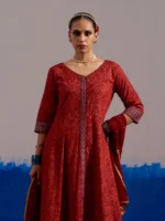 RA Studio Maroon Chintz Block Print Flared Dress with Zig-Zag Border Detailing and Contrast Cuffs