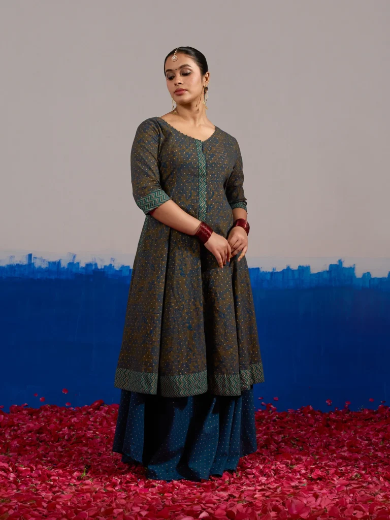 RA Studio Olive Blue Chintz Block Print Flared Dress with Zig-Zag Border Detailing and Contrast Cuffs