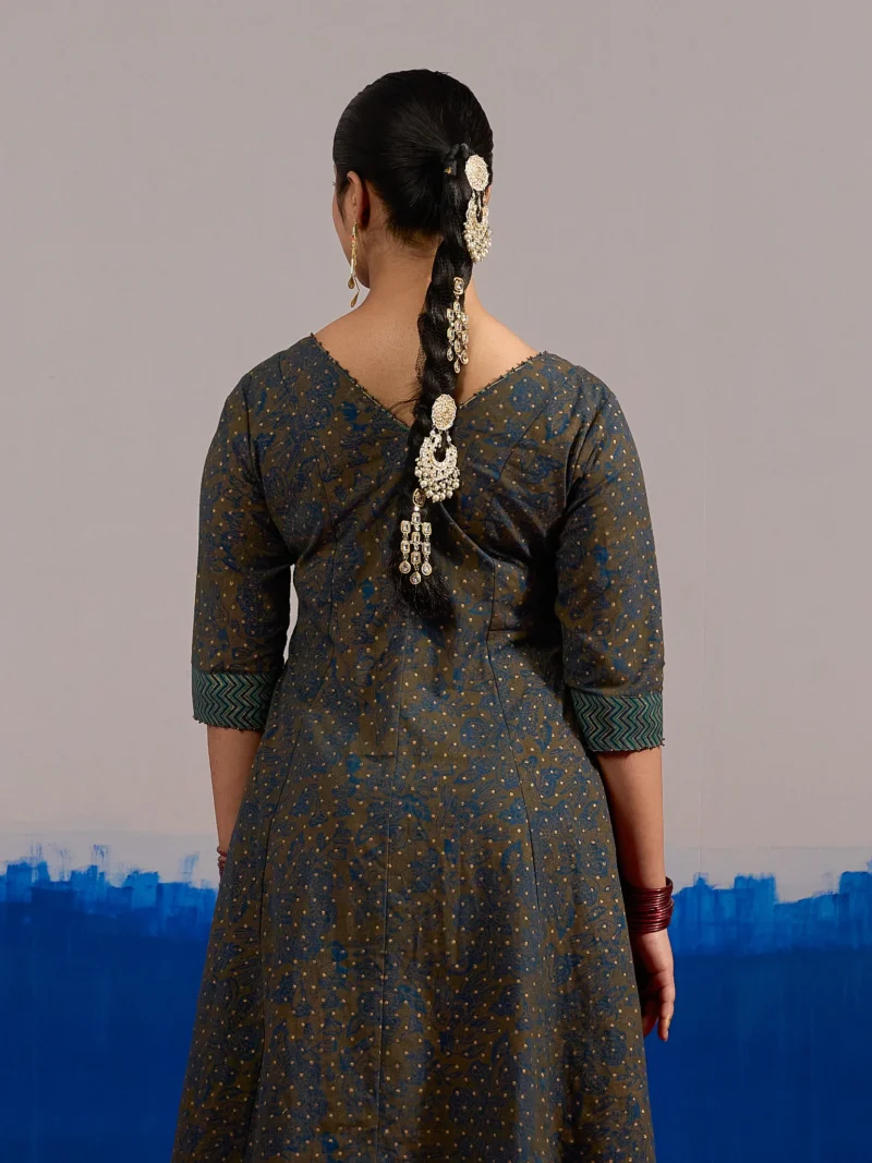 RA Studio Olive Blue Chintz Block Print Flared Dress with Zig-Zag Border Detailing and Contrast Cuffs