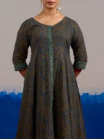 RA Studio Olive Blue Chintz Block Print Flared Dress with Zig-Zag Border Detailing and Contrast Cuffs