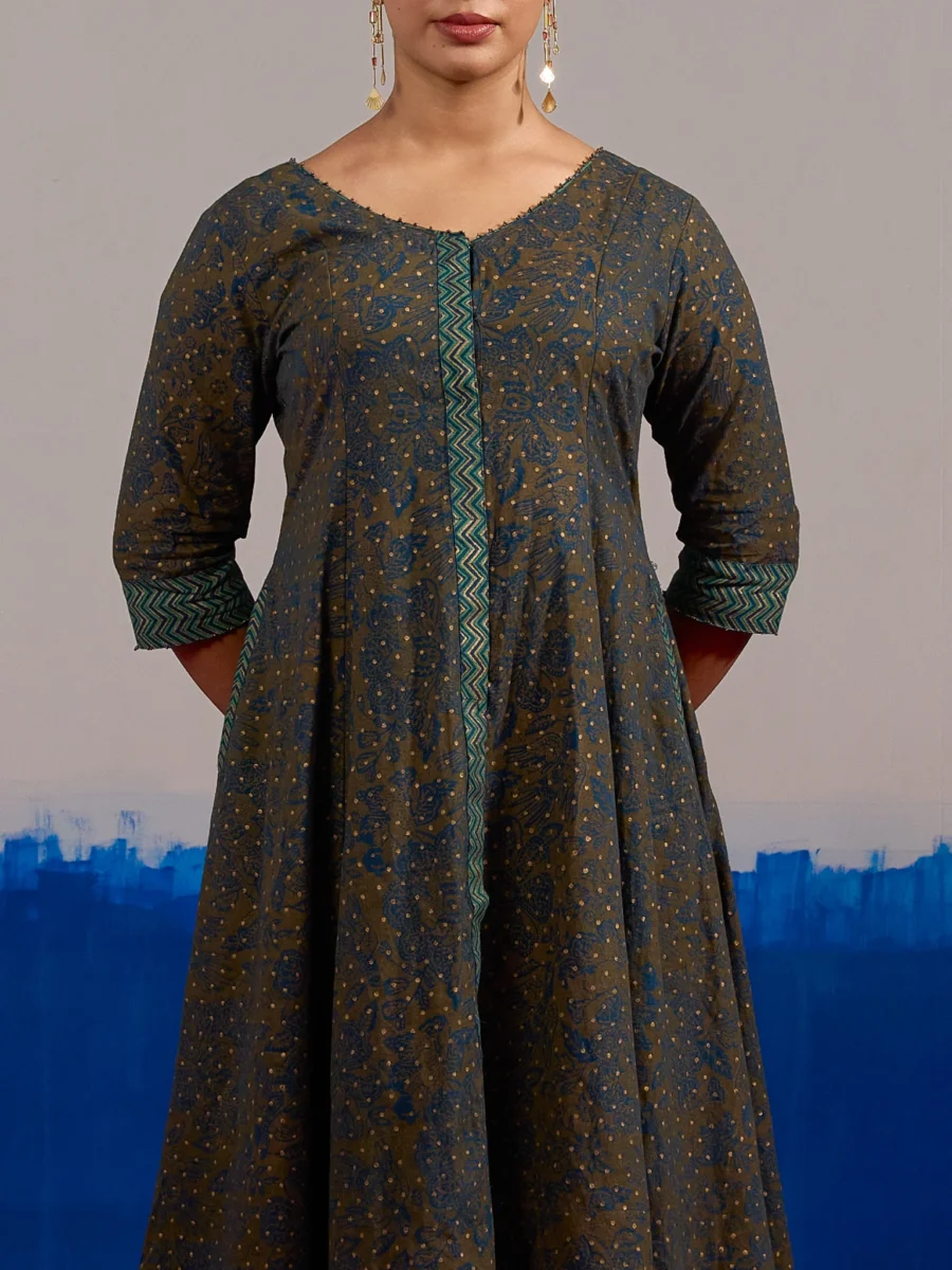 RA Studio Olive Blue Chintz Block Print Flared Dress with Zig-Zag Border Detailing and Contrast Cuffs