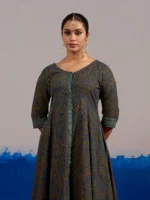 RA Studio Olive Blue Chintz Block Print Flared Dress with Zig-Zag Border Detailing and Contrast Cuffs