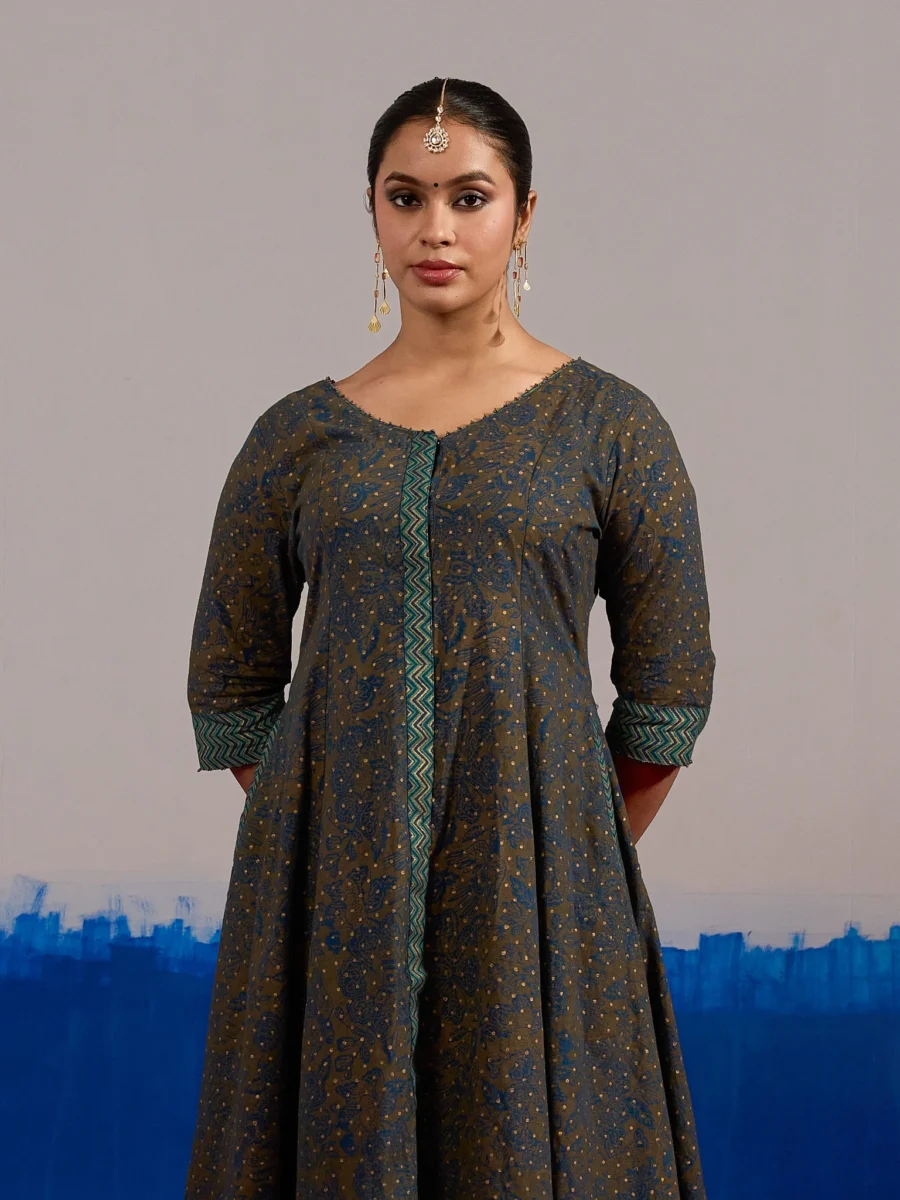 RA Studio Olive Blue Chintz Block Print Flared Dress with Zig-Zag Border Detailing and Contrast Cuffs