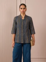 RA Studio Navy Blue Stripe and Gold Block Print Tunic with Flat Collar Neckline