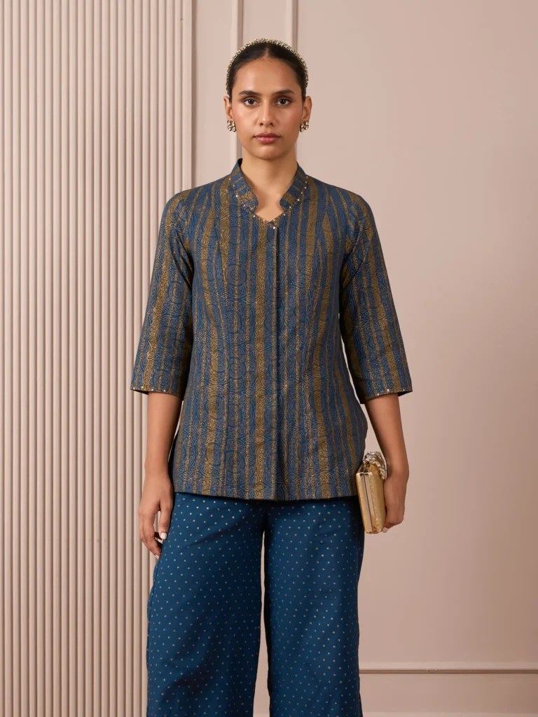 RA Studio Navy Blue Stripe and Gold Block Print Tunic with Flat Collar Neckline