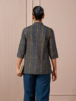 RA Studio Navy Blue Stripe and Gold Block Print Tunic with Flat Collar Neckline