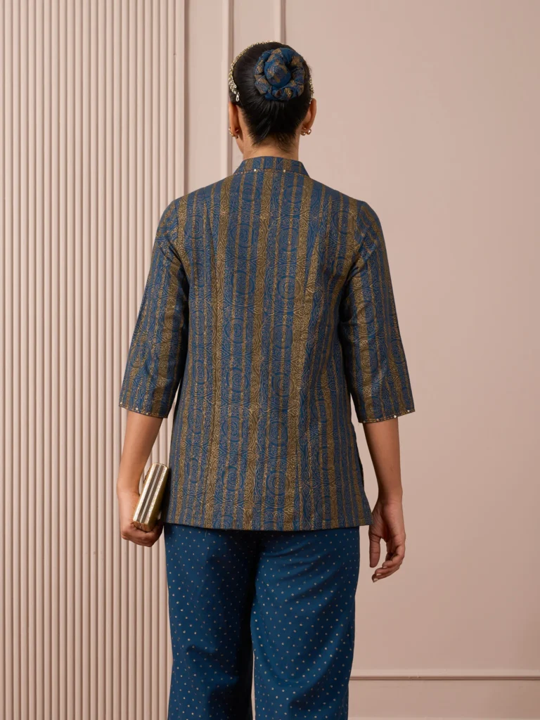 RA Studio Navy Blue Stripe and Gold Block Print Tunic with Flat Collar Neckline