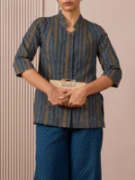 RA Studio Navy Blue Stripe and Gold Block Print Tunic with Flat Collar Neckline