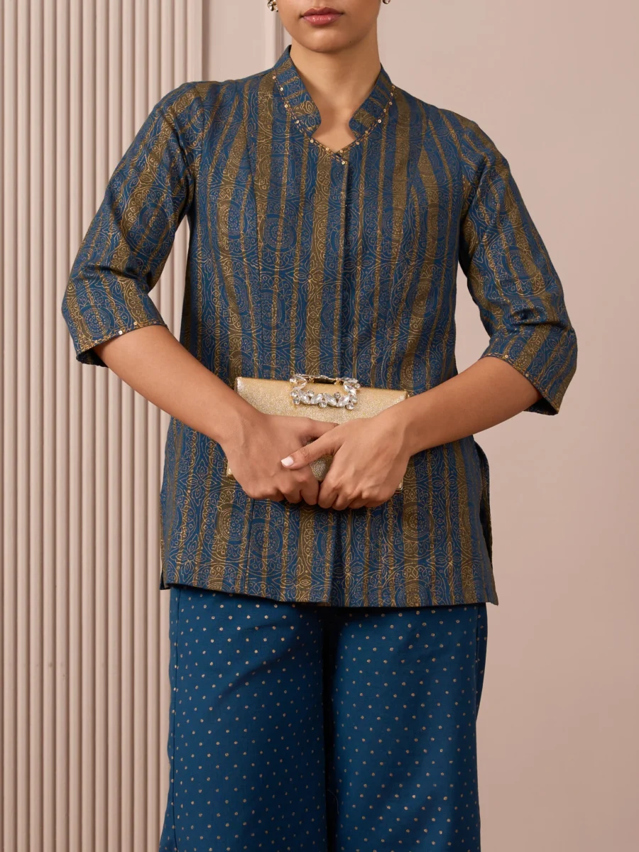 RA Studio Navy Blue Stripe and Gold Block Print Tunic with Flat Collar Neckline