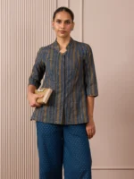 RA Studio Navy Blue Stripe and Gold Block Print Tunic with Flat Collar Neckline
