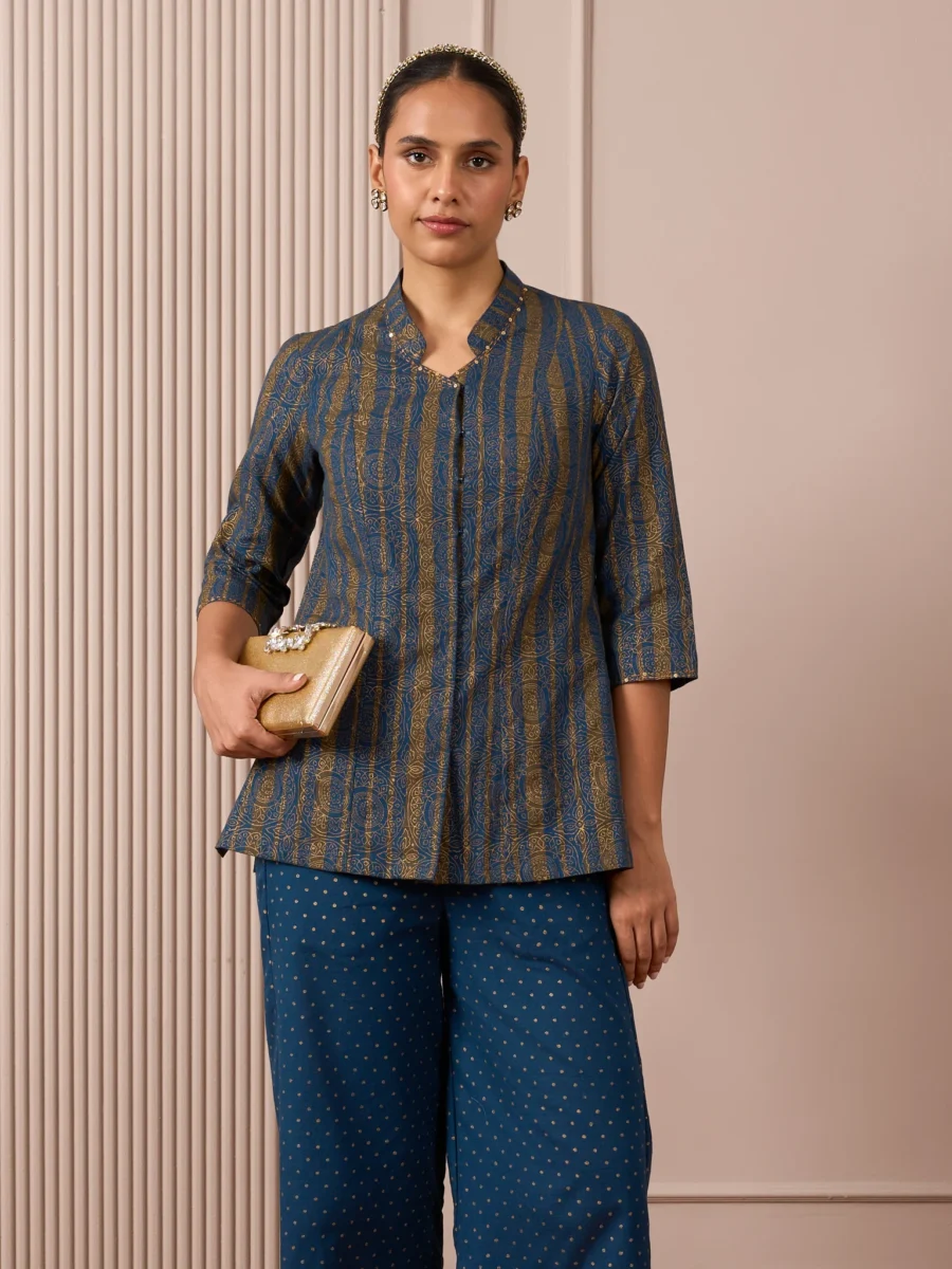 RA Studio Navy Blue Stripe and Gold Block Print Tunic with Flat Collar Neckline