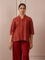 RA Studio Maroon Stripe and Gold Block Print Tunic with Flat Collar Neckline