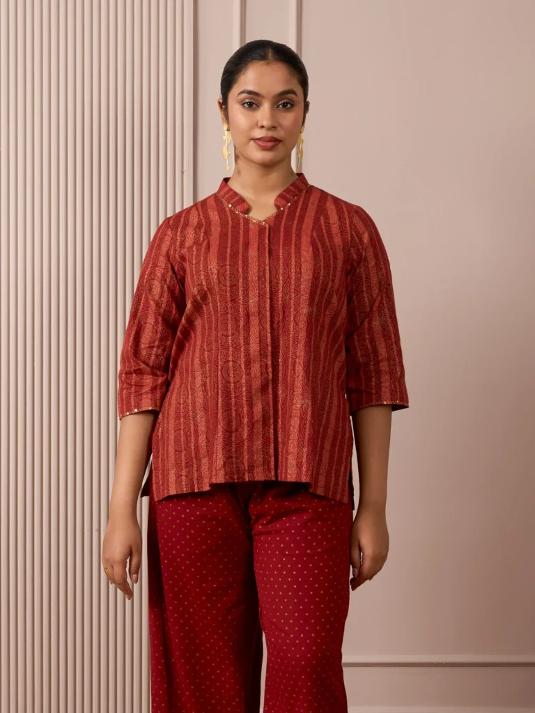 RA Studio Maroon Stripe and Gold Block Print Tunic with Flat Collar Neckline
