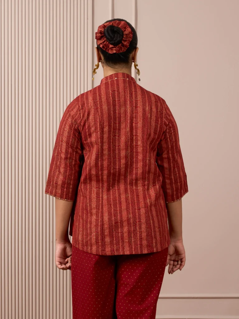 RA Studio Maroon Stripe and Gold Block Print Tunic with Flat Collar Neckline