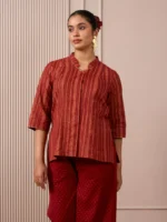 RA Studio Maroon Stripe and Gold Block Print Tunic with Flat Collar Neckline