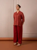 RA Studio Maroon Stripe and Gold Block Print Tunic with Flat Collar Neckline